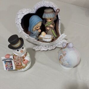 Precious Moments Pastel Blue Nativity, Snowman & Ornament Holiday Trio